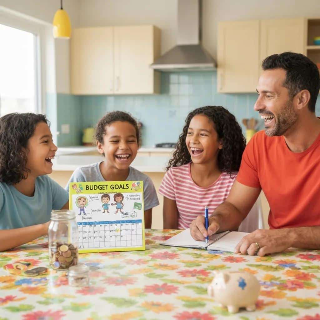 Family discussing financial goals with a budget calendar, representing teamwork in achieving financial milestones