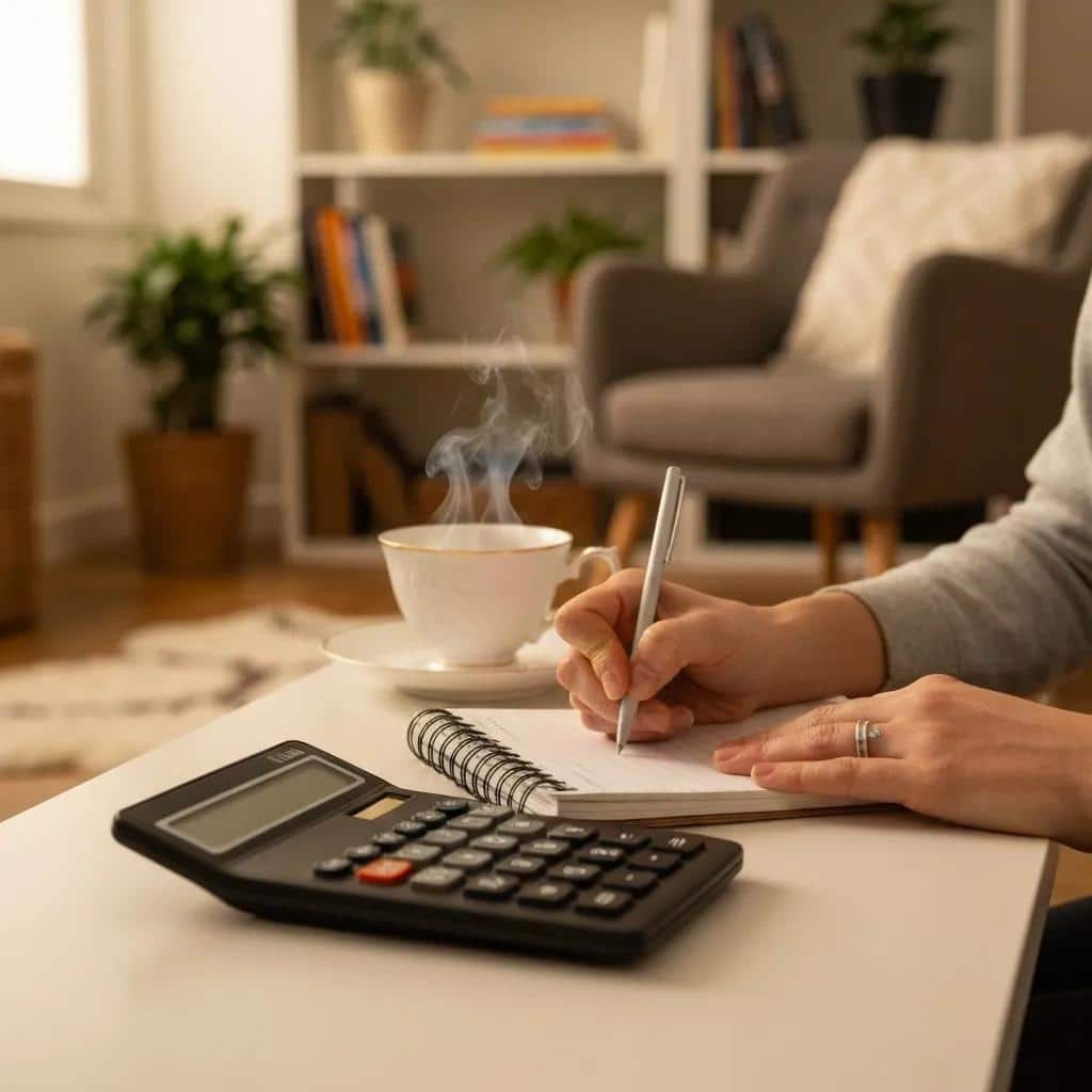 Image of a person tracking income and expenses with a notebook and calculator in a cozy setting