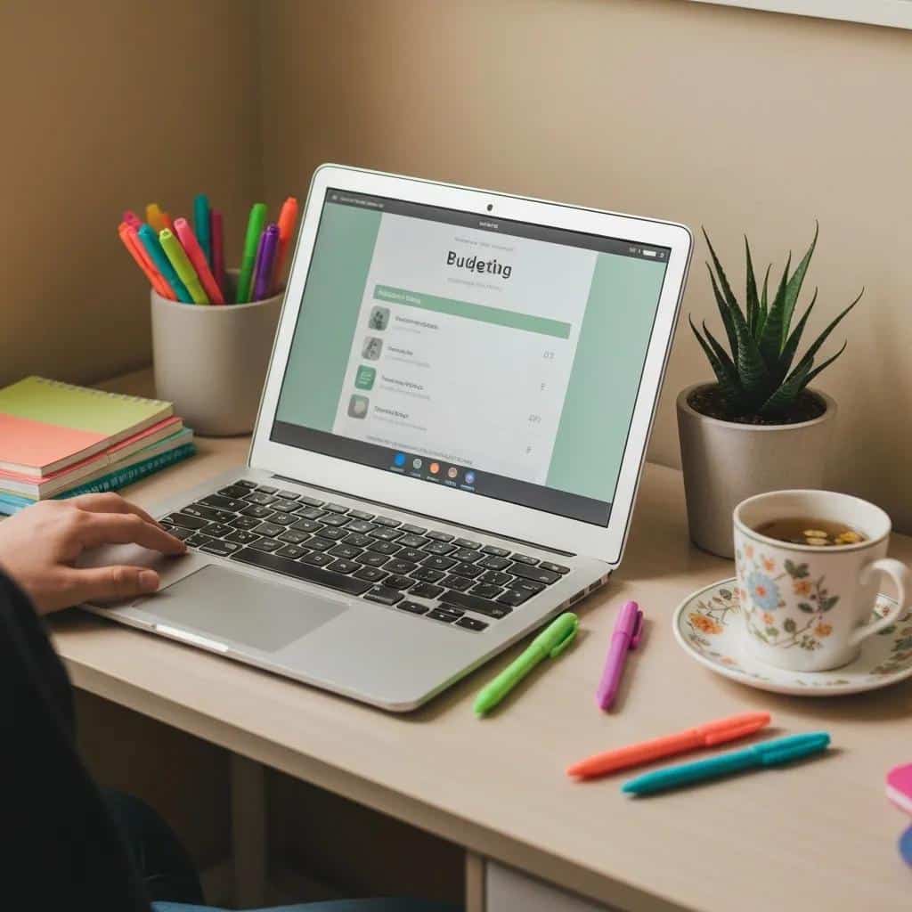 Cozy workspace image showcasing budgeting tools and resources on a desk with a laptop and stationery