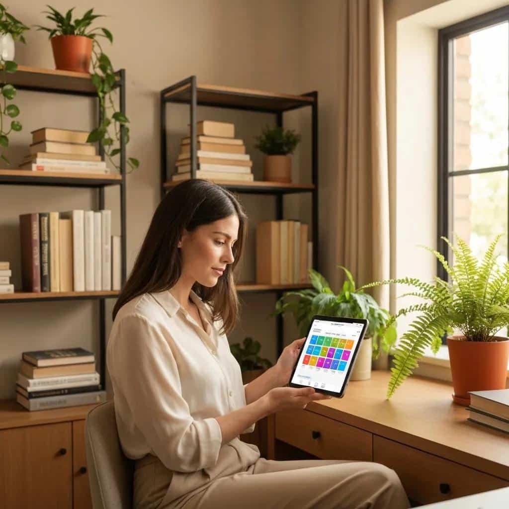 Person using a colorful budget calendar on a tablet — visual budgeting makes patterns easy to spot