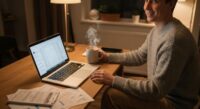 A cozy scene of someone managing their finances at a table with a laptop and coffee