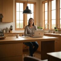 Cozy lifestyle image of a person planning a budget at a kitchen table with a laptop and notepad