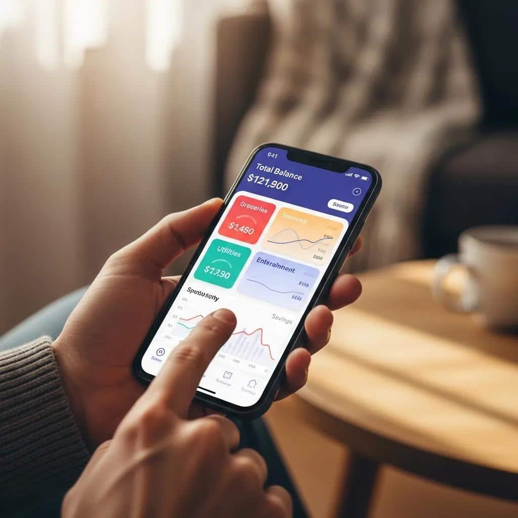 Smartphone close-up showing a friendly budgeting app interface in a home setting