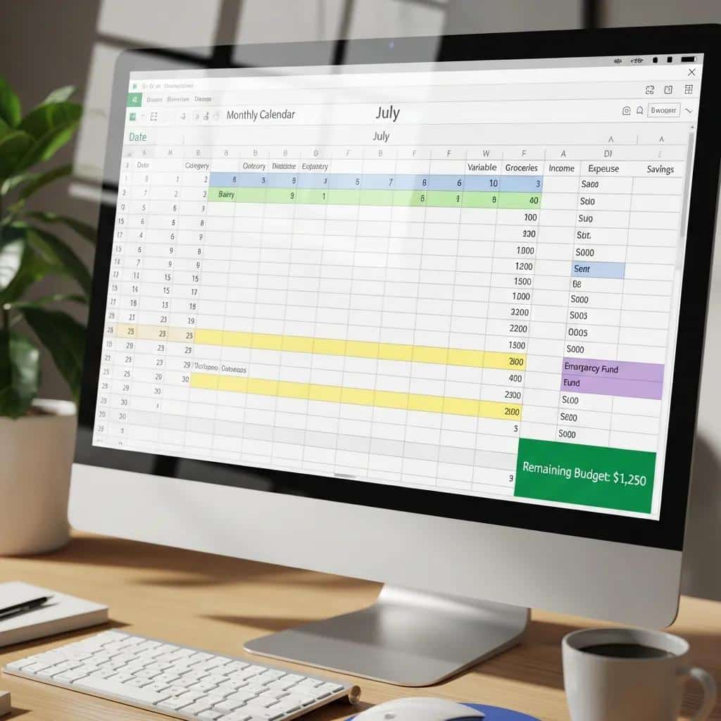 Close-up of a spreadsheet styled as a monthly budget calendar with color‑coded categories