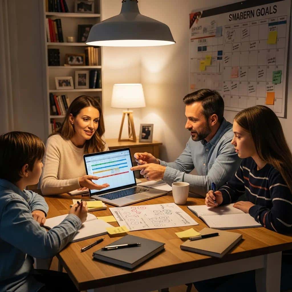 Family working together on a household budget at a table