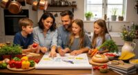 Family meal planning with fresh ingredients and a calendar in a cozy kitchen