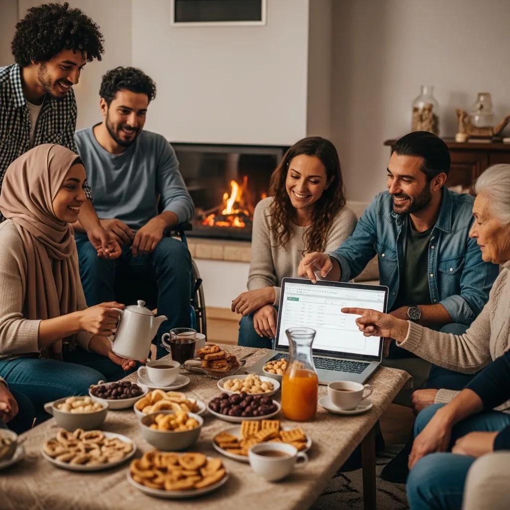 A diverse group of people sharing food and financial advice, symbolizing generosity and community support