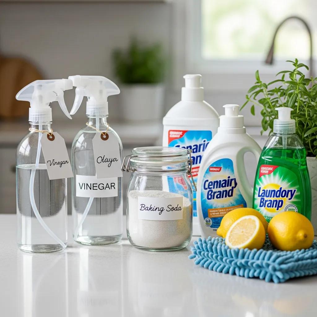 Vinegar and baking soda on a counter—simple, low-cost cleaning substitutes