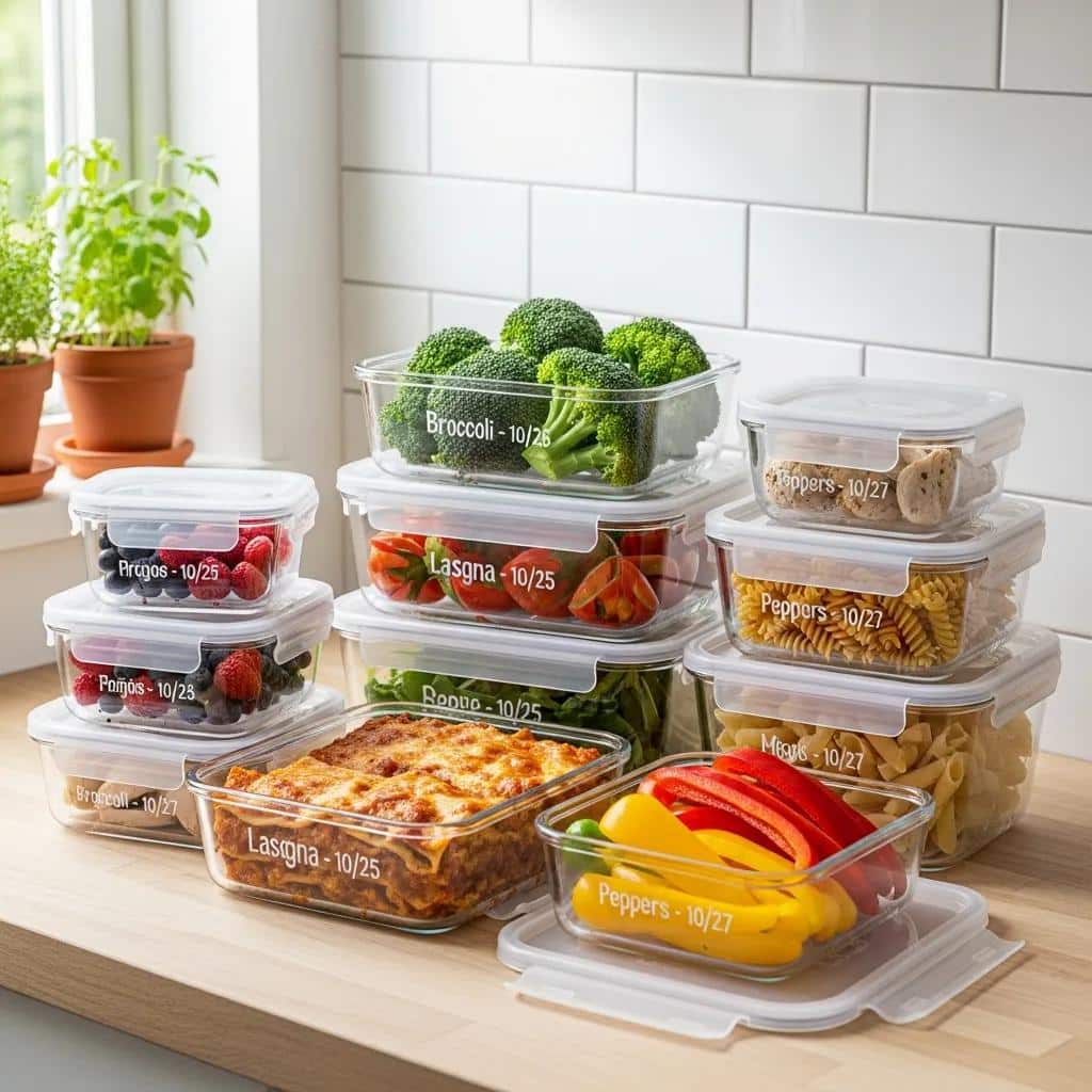 Airtight containers with leftovers and fresh produce in a tidy kitchen