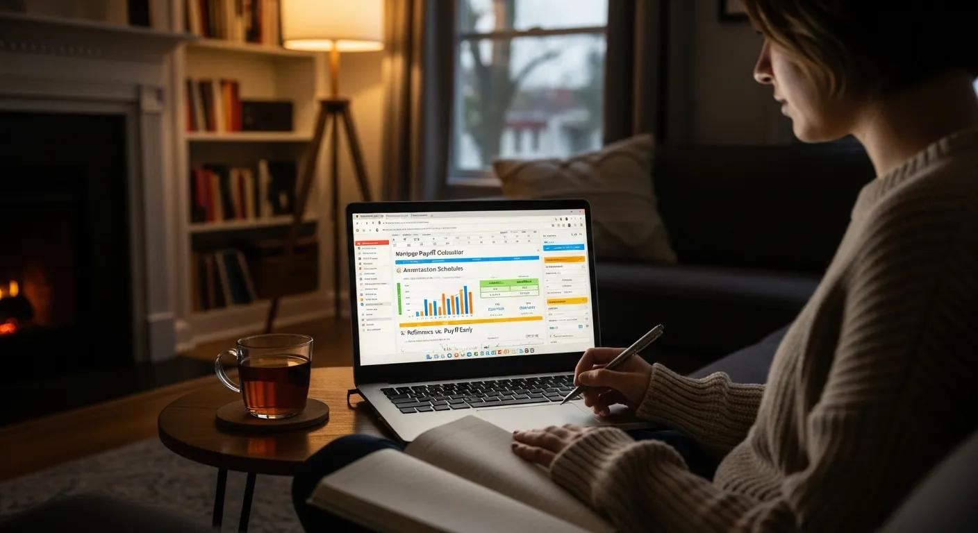 Individual exploring mortgage payoff strategies on a laptop in a cozy home setting