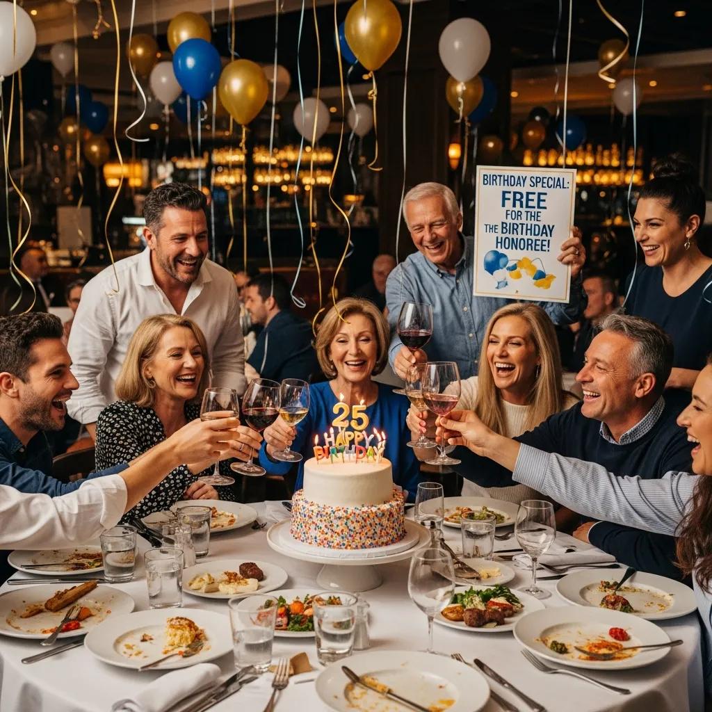 Birthday celebration at a restaurant with a cake, showing birthday free‑meal offers