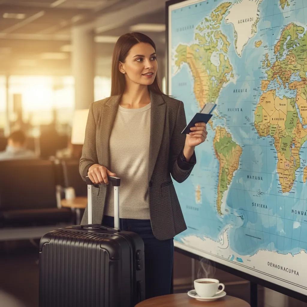 Business traveler planning international trip with a map and suitcase