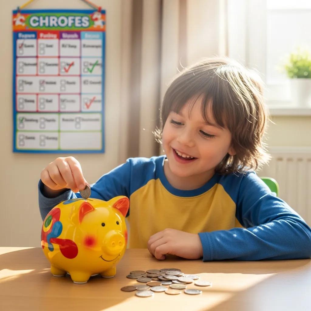 Child counting coins and using a chore chart