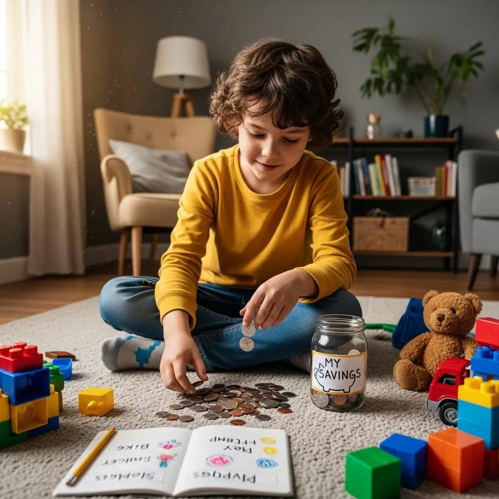Child counting coins on the floor, practicing saving habits