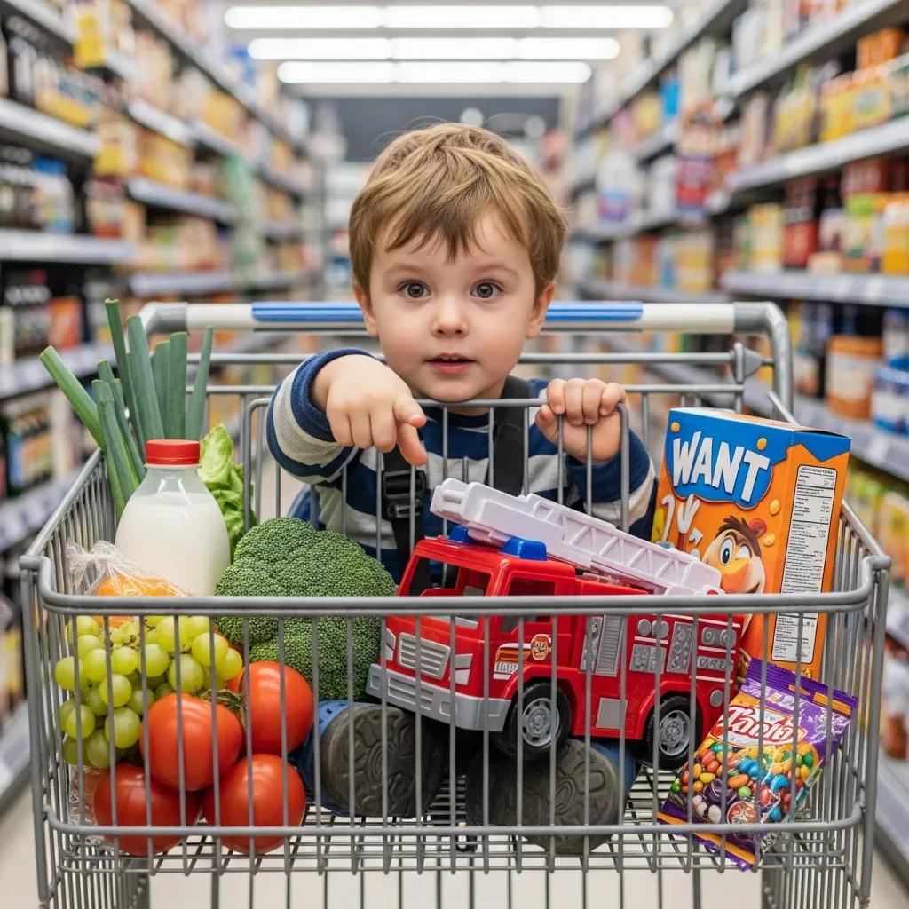 Child in a grocery store pointing to items in a shopping cart to learn wants versus needs