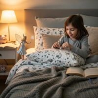 Child placing a lost tooth under a pillow with a Tooth Fairy figurine, symbolizing the tradition of the Tooth Fairy and financial lessons