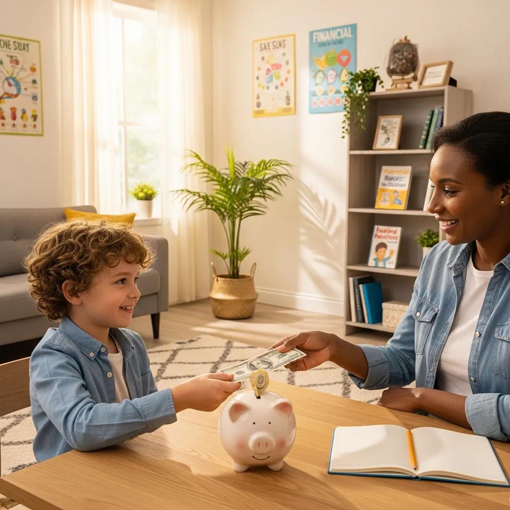 Parent handing allowance to child with cash and a piggy bank nearby
