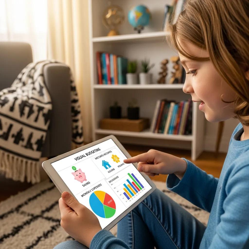 Child using a tablet to track savings with colorful charts