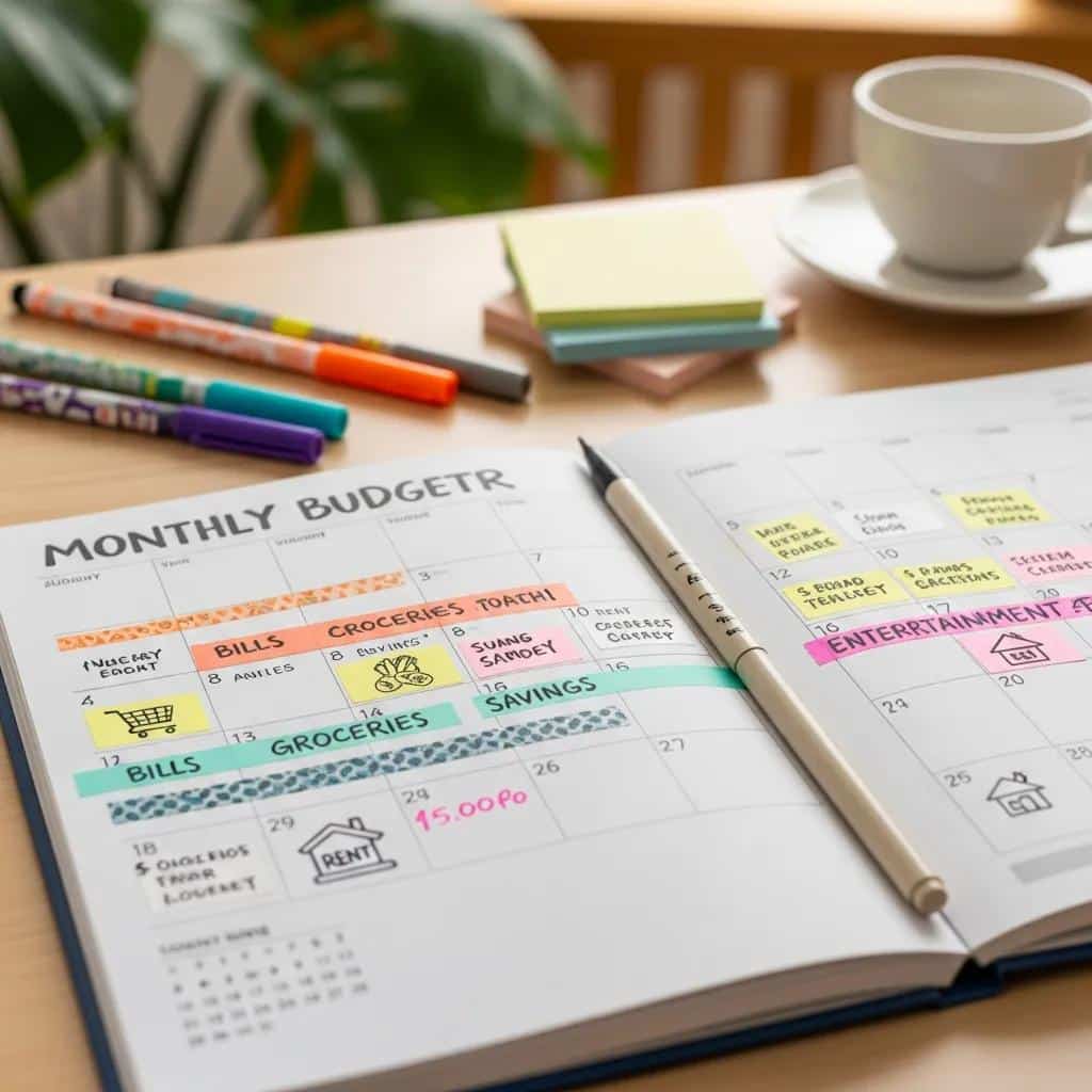 Close-up of a colorful monthly budget calendar showing paydays, bills, and forecasted balances