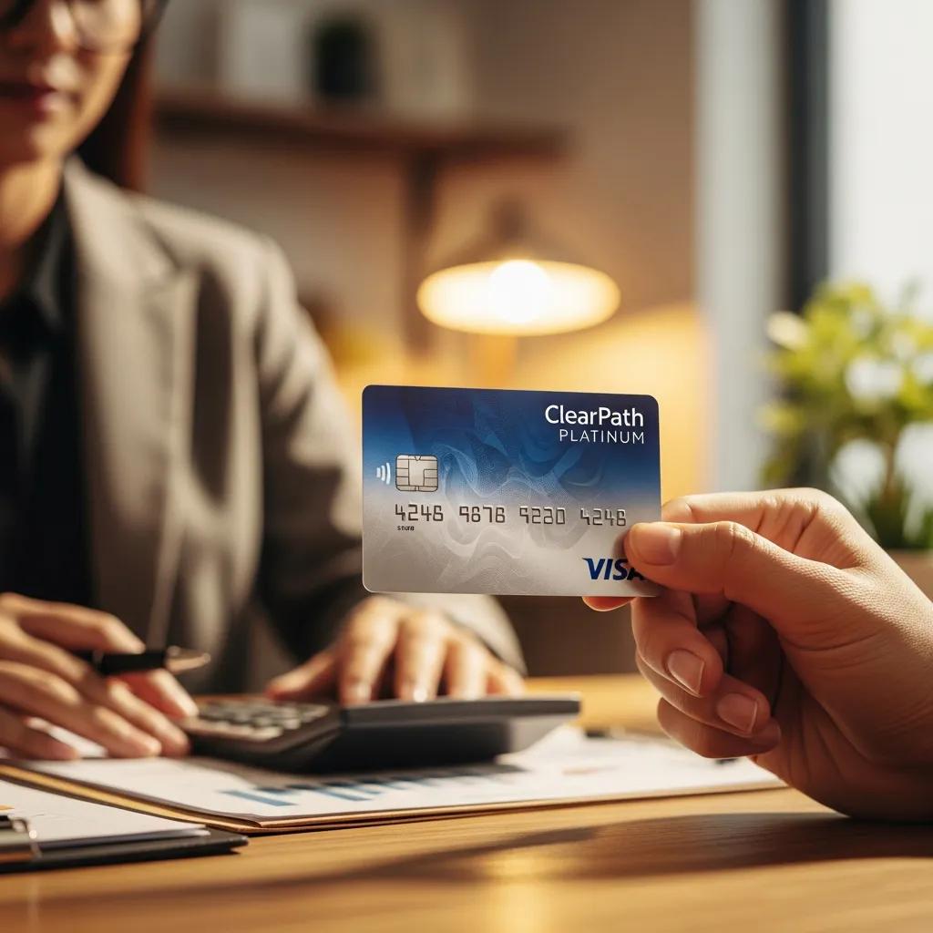 Hand holding a credit card used for a balance transfer with budgeting tools nearby