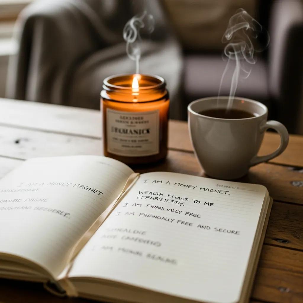 Journal open to written financial affirmations — steady personal growth and prosperity