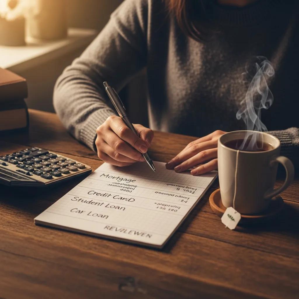 Hands using a calculator and notepad to review different types of debt