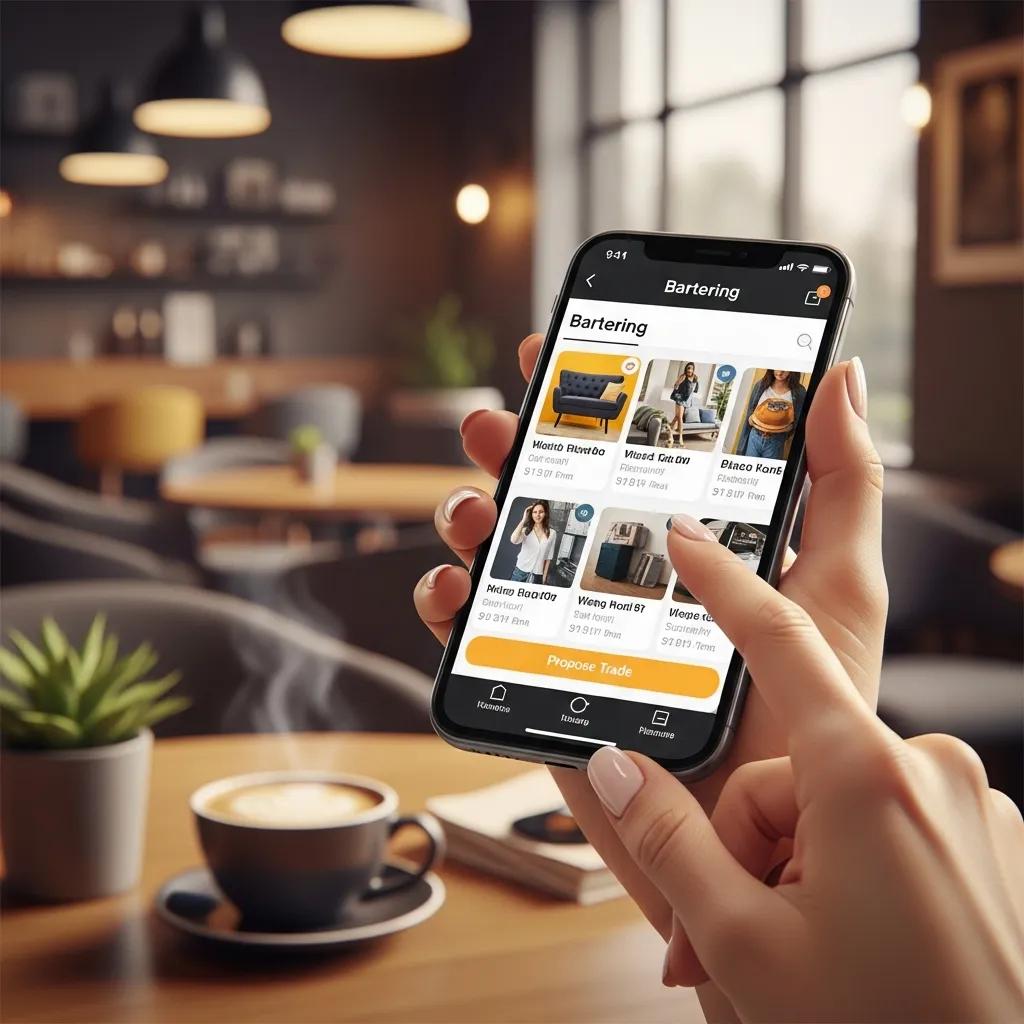 Close-up of a smartphone showing a user-friendly bartering app interface in a cozy café setting