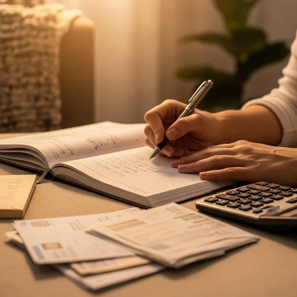 Close-up of hands organizing bills and a paper planner on a table