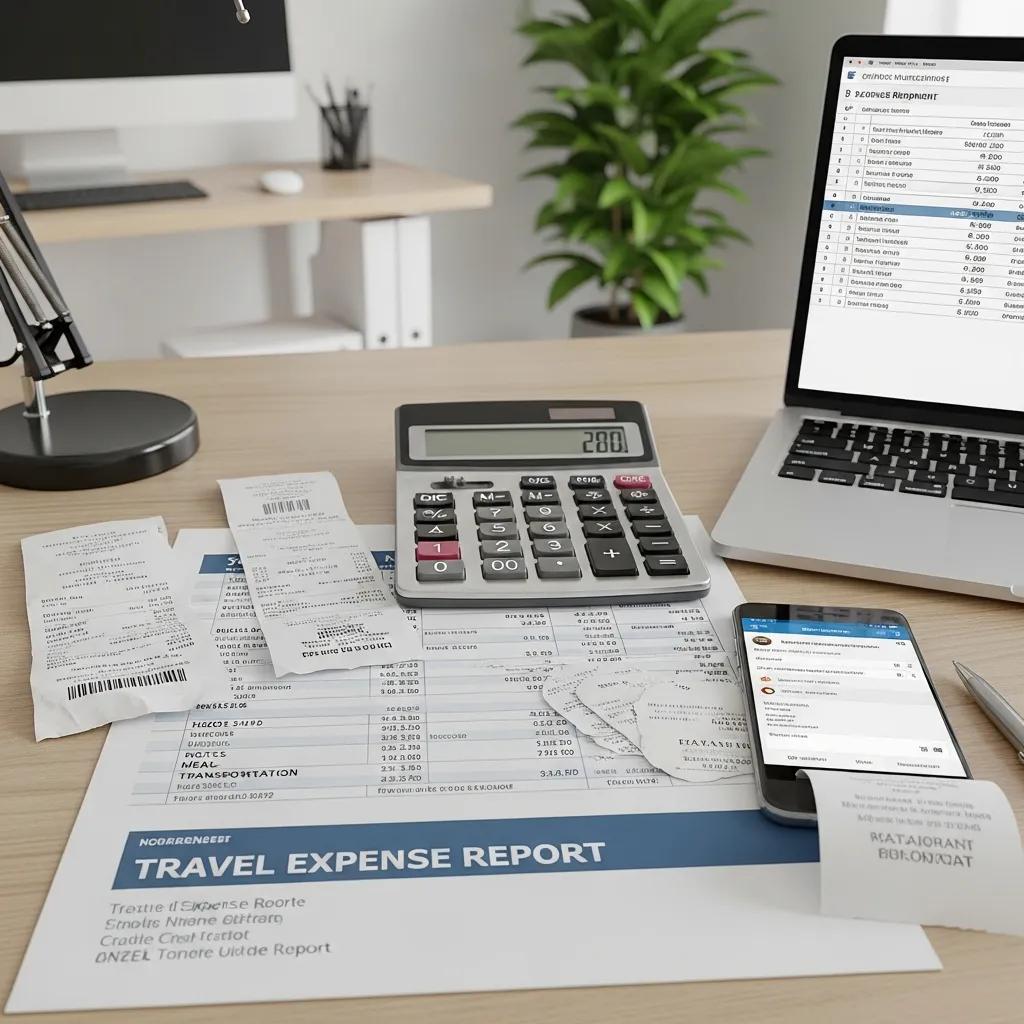 Close-up of a travel expense report with receipts and a calculator on a desk