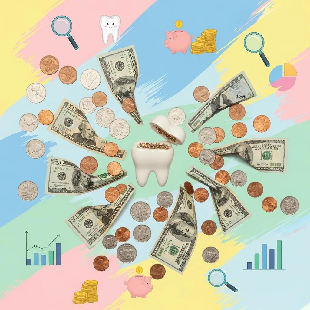 Coins and bills arranged around a tooth-shaped container to illustrate changing Tooth Fairy payout trends