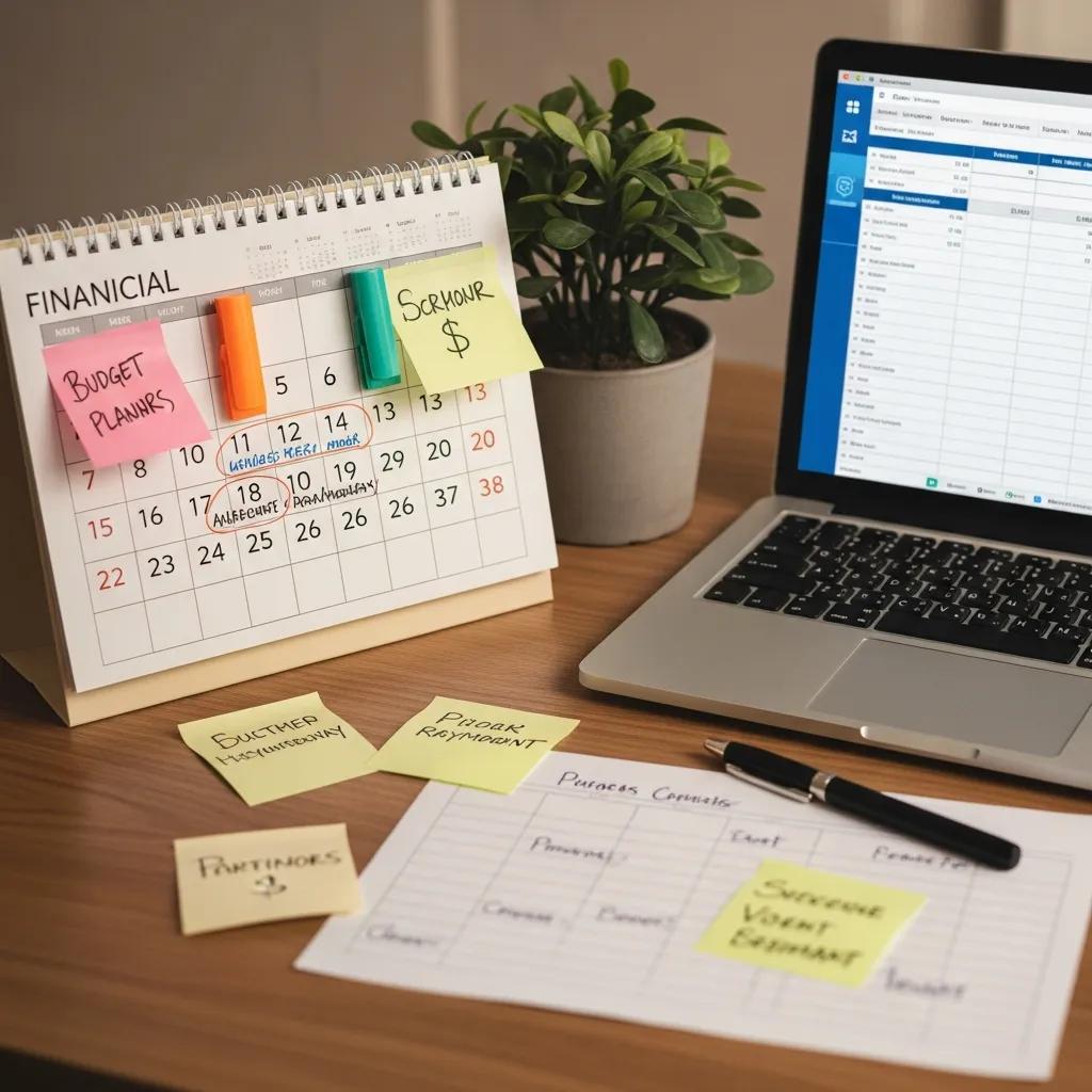 Colorful calendar and notes showing a visual approach to planning money and upcoming bills