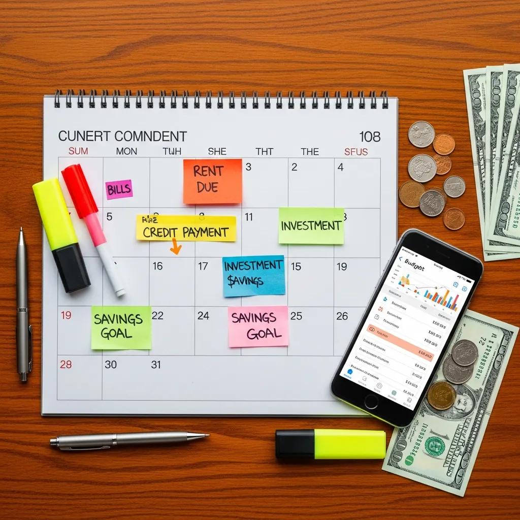 Colourful calendar showing bills and income on a phone — visual money planning