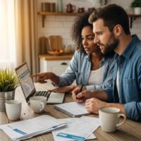 Couple budgeting together at a kitchen table with a laptop and financial documents