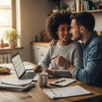 Couple discussing finances at a kitchen table with a laptop, coffee, and paperwork, emphasizing budgeting and financial planning.