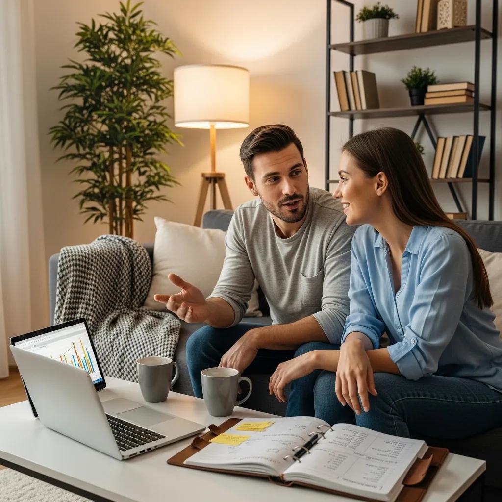Partners discussing financial goals in a cozy living room