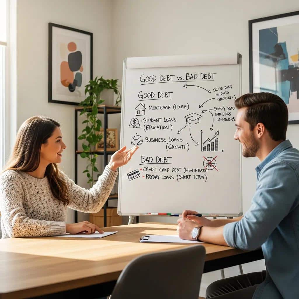 A couple mapping out financial goals and discussing investments at home