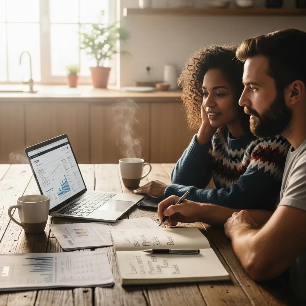 Couple discussing loan pre-approval at a kitchen table with financial documents