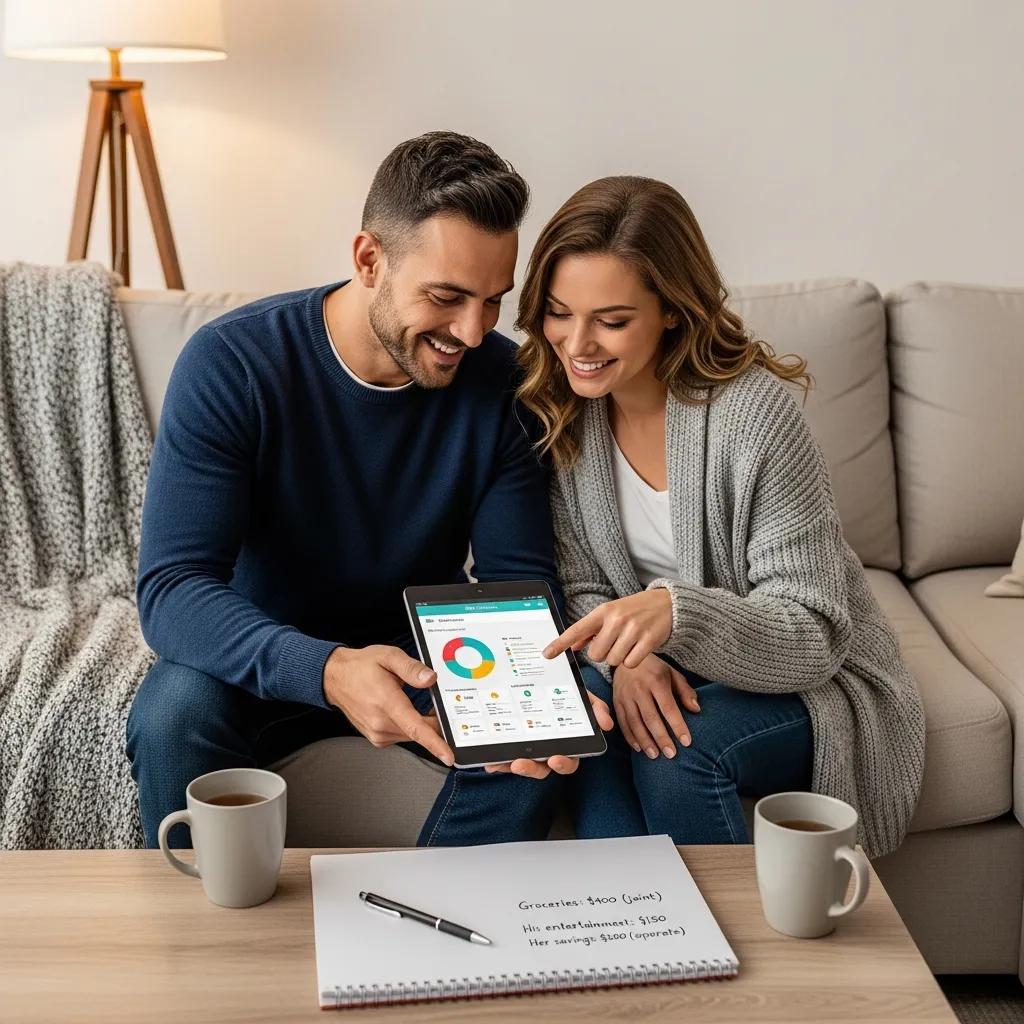 Couple reviewing budget together on a tablet, emphasizing budgeting strategies