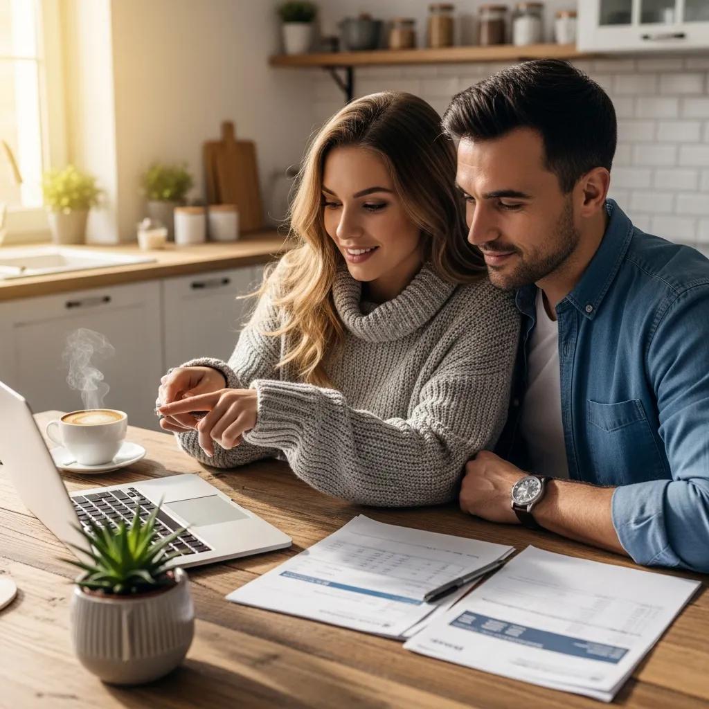 Couple reviewing finances at home, emphasizing financial freedom