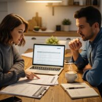Couple reviewing mortgage documents at a cozy kitchen table, emphasizing home budgeting