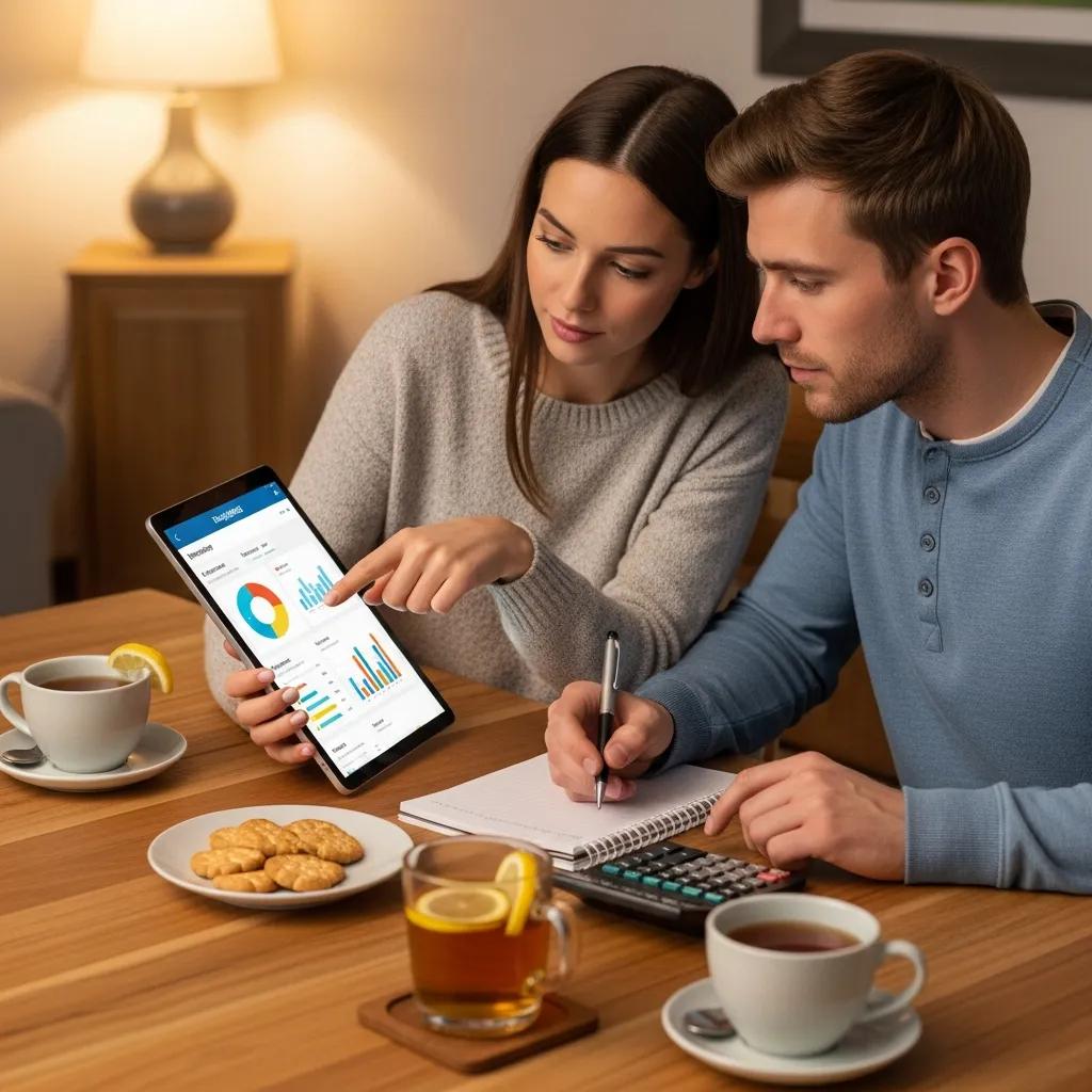 Partners using a budgeting app on a tablet at a dining table