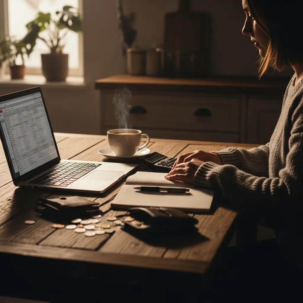 Cozy budgeting scene with a person at a kitchen table using a laptop and financial tools