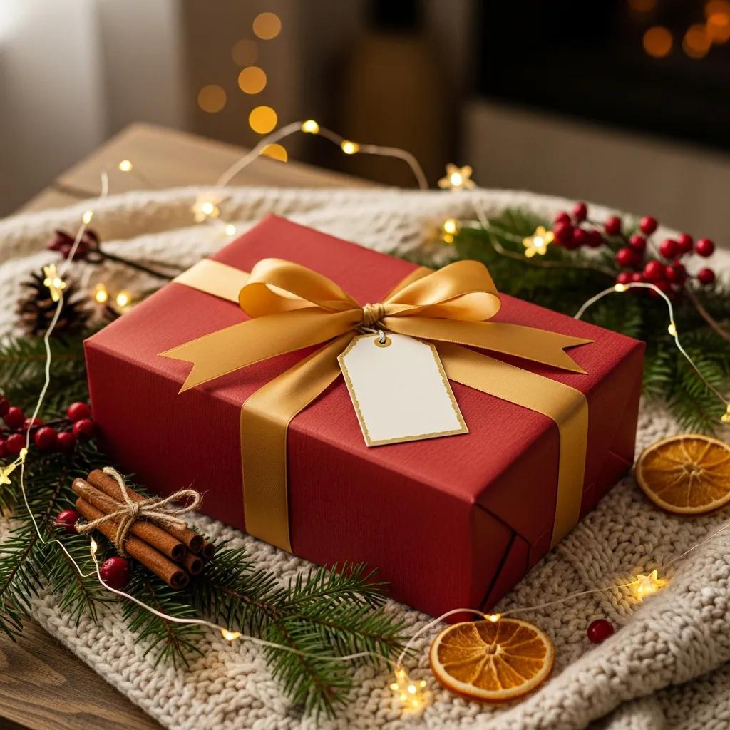 Cozy gift-wrapping scene with a beautifully wrapped present and festive decorations