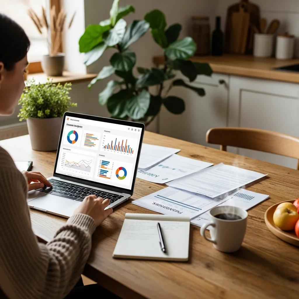 Cozy kitchen scene with a person budgeting and managing debt