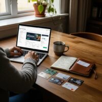 Cozy kitchen scene with a person reviewing credit card rewards and budgeting