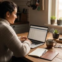 Cozy lifestyle scene of a person budgeting at a kitchen table with a laptop and coffee