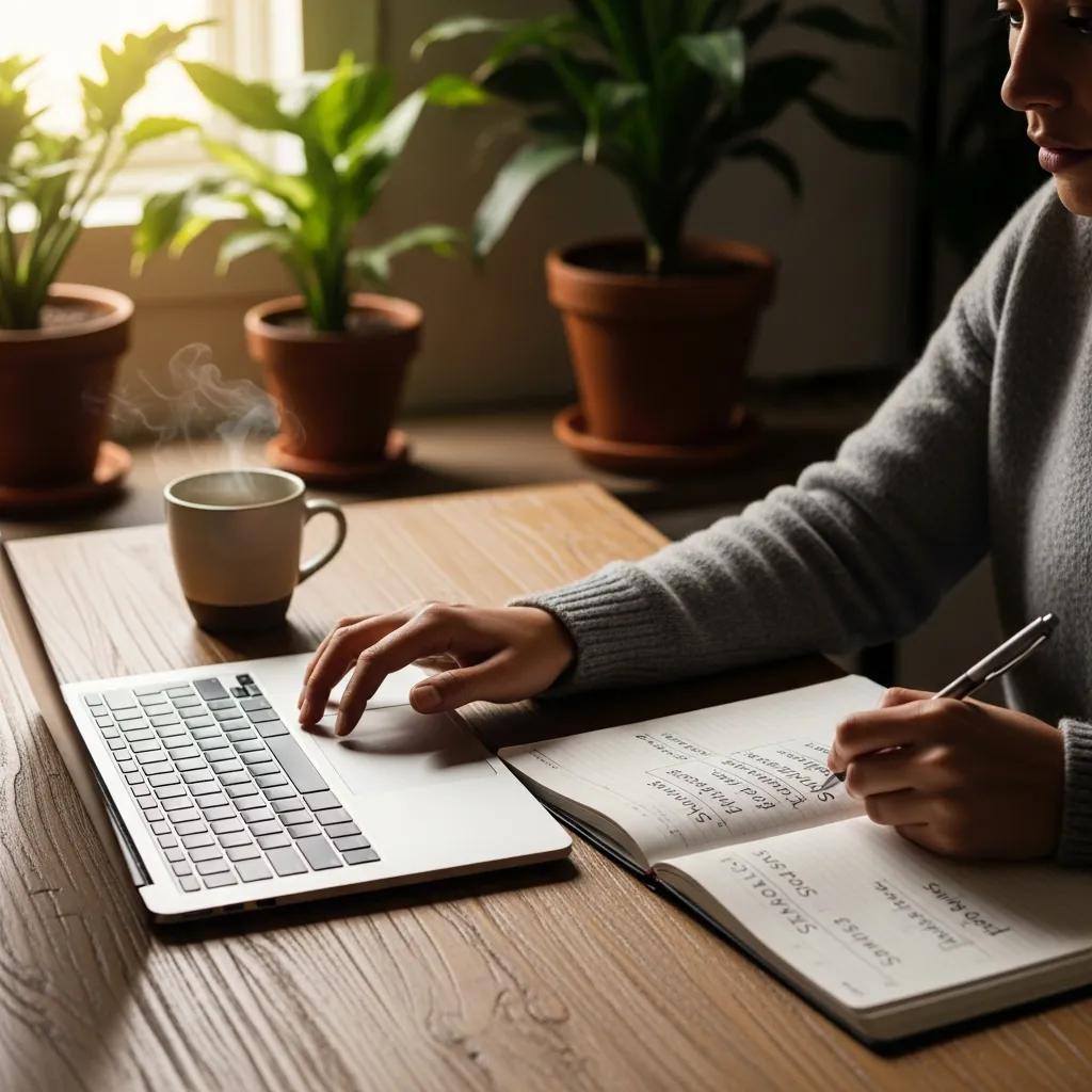 Cozy lifestyle scene of a person budgeting with a laptop and coffee, emphasizing financial control