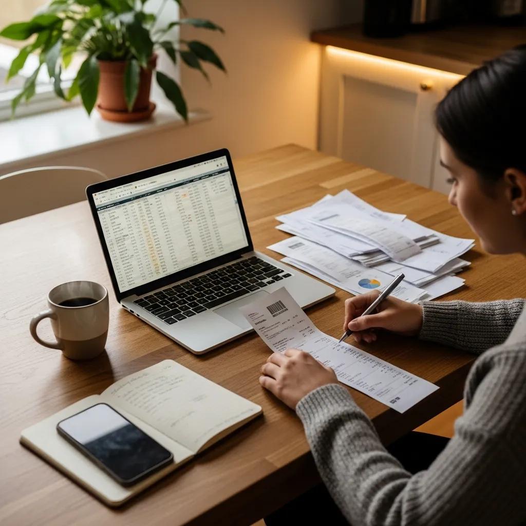 Cozy lifestyle scene of a person managing bills at a kitchen table with a laptop and coffee