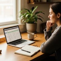 Cozy lifestyle scene of a person managing finances with a laptop and coffee, emphasizing credit card debt solutions