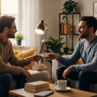 Cozy living room scene of friends discussing money lending, emphasizing warmth and connection